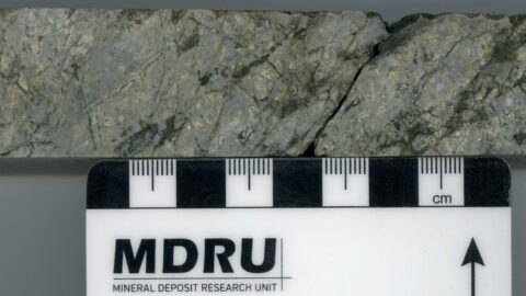 Medium granied lower volcanosedimentary unit with pervasive silicification and fine disseminated and stringers of pyrite with Au anomalies