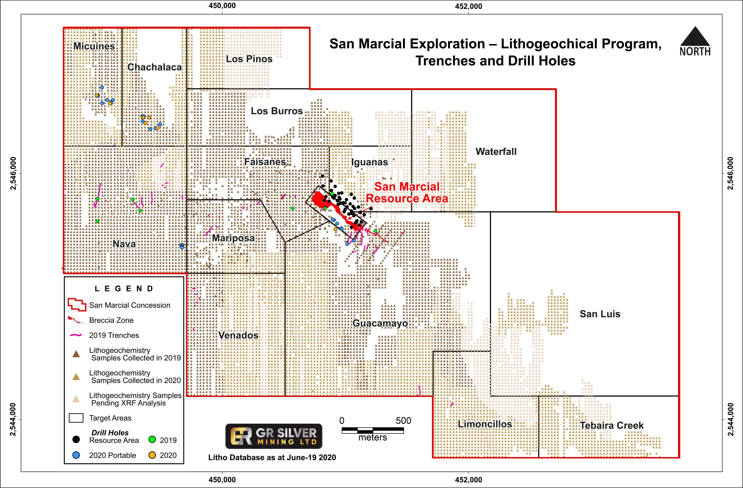 San Marcial 2019-20 Litho-geochemical Sampling Program Trenches Drilling Scaled